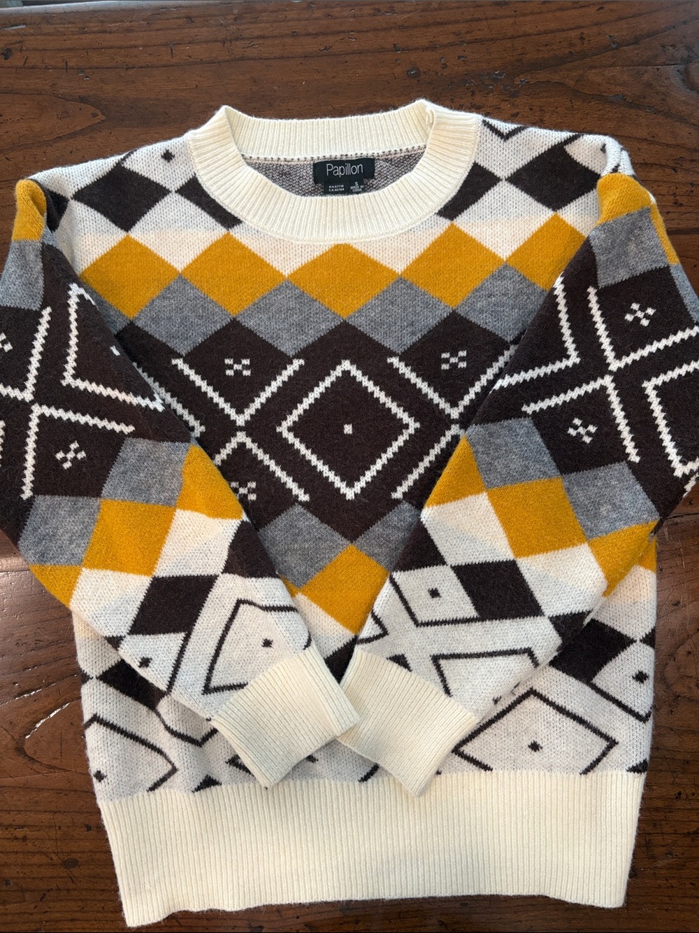 Papillon Argyle Fair Isle Knit Crewneck Sweater Mustard Yellow Brown Womens Sz S